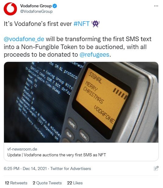 英國沃達(dá)豐公司也表示，計劃將拍賣所得全部捐贈給聯(lián)合國難民署，以支持那些被迫逃離家園的人。(圖片來源：英國沃達(dá)豐公司社交媒體截圖)