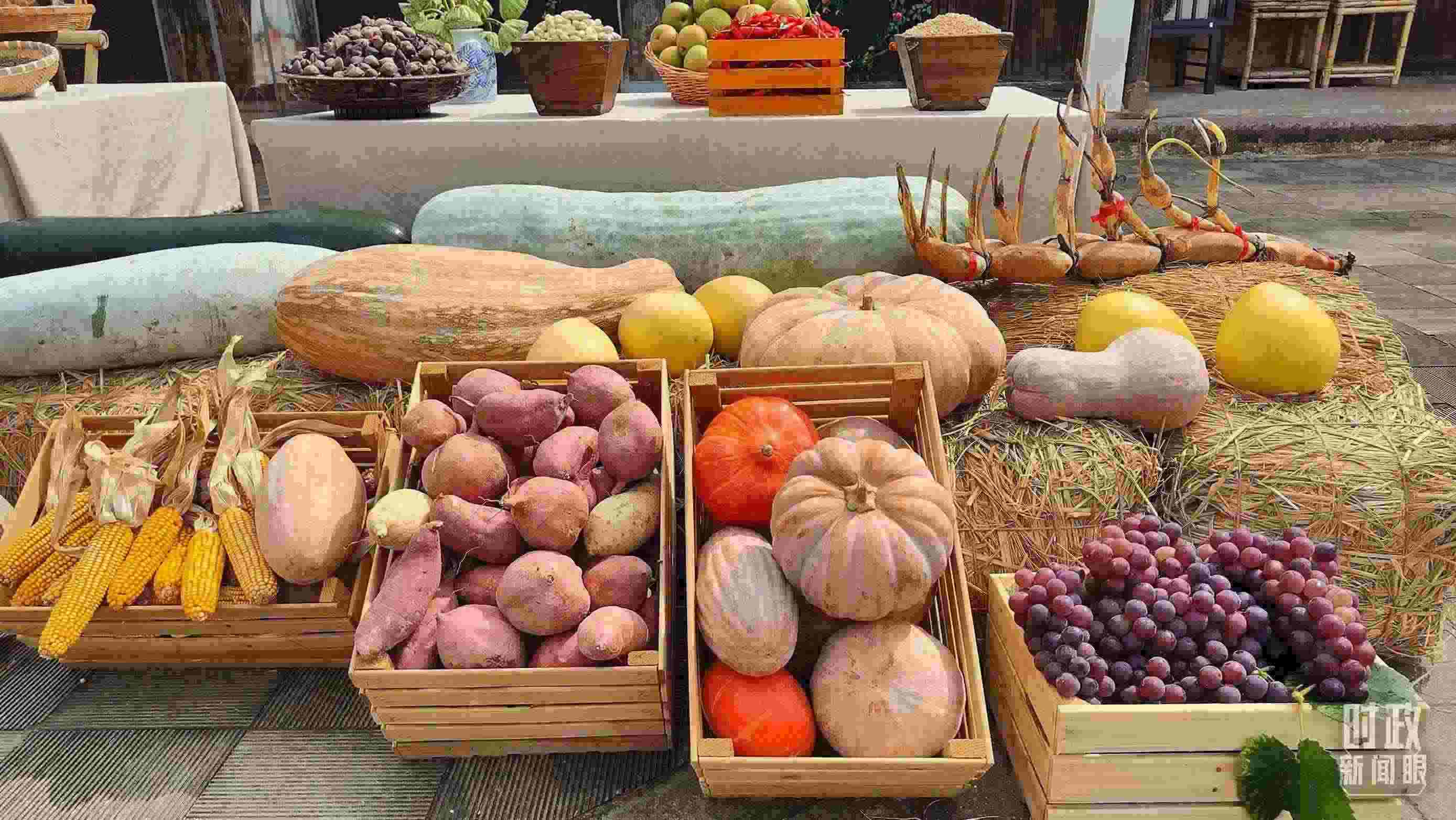 △村廣場“共富市集”，擺放著種類豐富的特色農產品。（總臺央視記者楊立峰拍攝）