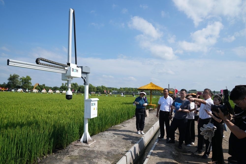在北大荒集團(tuán)閆家崗農(nóng)場(chǎng)有限公司農(nóng)業(yè)現(xiàn)代化示范區(qū)，工作人員在介紹利用數(shù)字技術(shù)的葉齡診斷儀（2023年8月10日攝）。新華社記者 王建威 攝