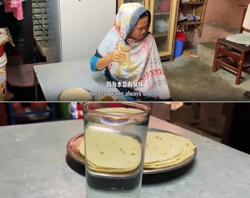 圖為紀(jì)實(shí)短片截圖：上圖為水質(zhì)未改善前，飲用水發(fā)黃渾濁；下圖為水廠建成后，飲用水水質(zhì)明顯改善，清澈透明。