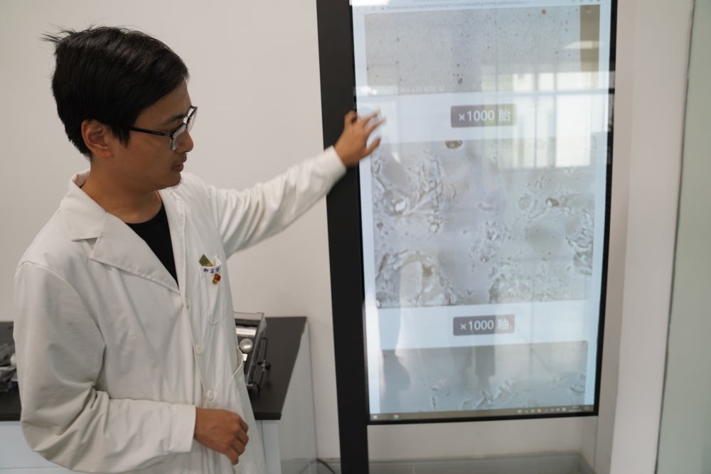 ↑ 工作人員展示瓷片標(biāo)本的配方研究數(shù)據(jù)（2023年5月16日攝）。