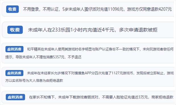 “人民投訴”用戶舉報(bào)身份認(rèn)證成擺設(shè)、大額充值無(wú)提醒、提供證據(jù)被駁回、商家設(shè)置退款障礙等未成年人網(wǎng)游消費(fèi)亂象。（“人民投訴”平臺(tái)截圖）