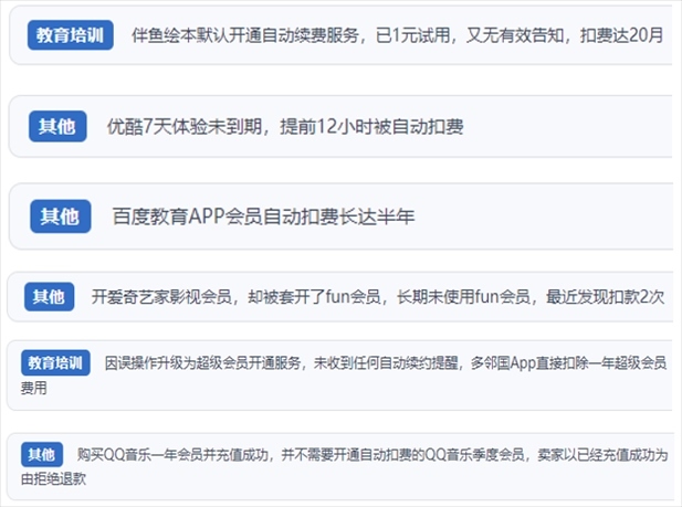 “人民投訴”用戶投訴部分App未征得用戶同意擅自開(kāi)啟自動(dòng)扣續(xù)費(fèi)、以免費(fèi)試用誘導(dǎo)充值、私自為用戶套開(kāi)會(huì)員等侵權(quán)行為。（“人民投訴”平臺(tái)截圖）