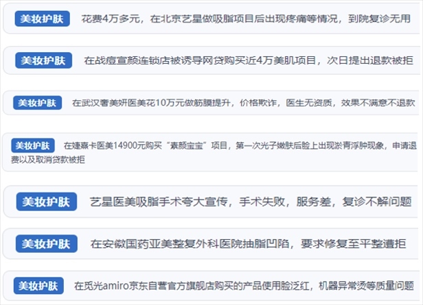 “人民投訴”用戶舉報(bào)醫(yī)美未達(dá)預(yù)期效果或?qū)е律眢w損傷退款遭拒、機(jī)構(gòu)及服務(wù)人員虛假資質(zhì)、被誘導(dǎo)高額醫(yī)美貸、網(wǎng)購(gòu)美容儀器質(zhì)量不過(guò)關(guān)等問(wèn)題。（“人民投訴”平臺(tái)截圖）