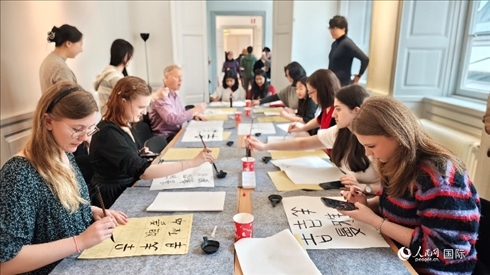 瑞典書(shū)法愛(ài)好者專心學(xué)習(xí)書(shū)法。人民網(wǎng)記者 殷淼攝