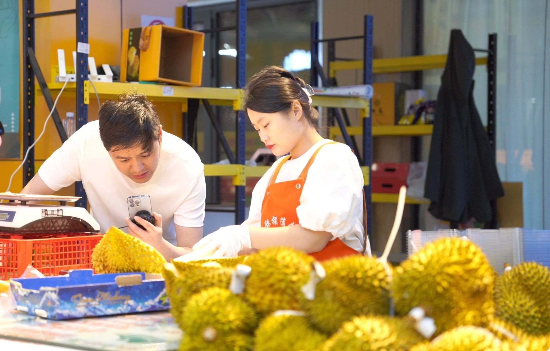 榴蓮商家正在通過手機(jī)直播銷售榴蓮。人民網(wǎng)記者申佳平 攝