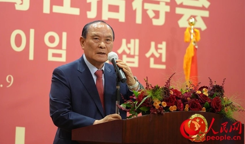 金漢圭在招待會上致辭。人民網(wǎng) 李帆攝