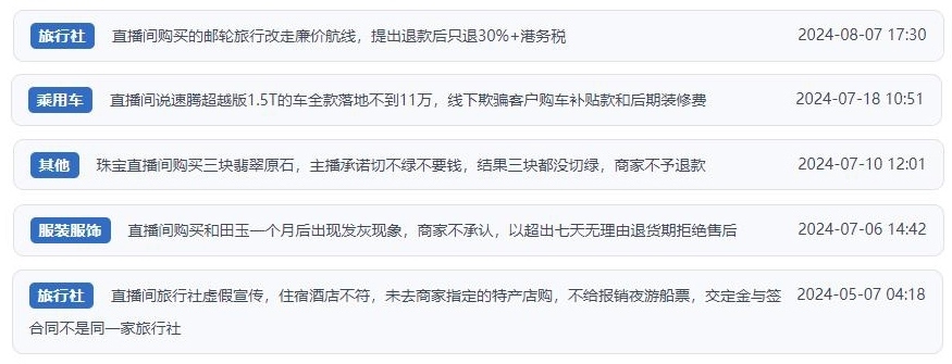 近期網(wǎng)友涉及直播購物相關投訴問題。（“人民投訴”用戶投訴截圖）