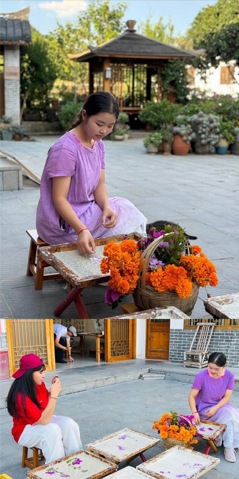 沒有女生不愛花。以古法造紙技藝為基礎(chǔ)，再輔以花草枝葉勾勒各式圖案，創(chuàng)作出花茂村獨(dú)具特色的紙漿壓花畫，少女手中的花是她眼中的風(fēng)景，而她與正在制作的紙漿壓花畫也是別人眼中的風(fēng)景。（哈薩克斯坦BAQ通訊社高級(jí)記者古爾詹·拉曼庫洛娃、張亞欣攝）