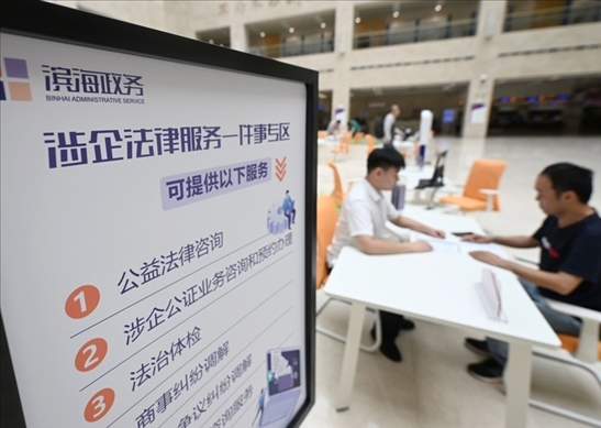 在天津濱海新區(qū)政務服務中心，工作人員在“涉企法律服務一件事”專區(qū)為市民提供服務（2024年7月31日攝）。新華社記者 趙子碩 攝
