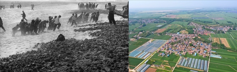 拼版照片：左圖為蘭考群眾在拉淤土壓沙（新華社記者 鄧歷耕 攝）；右圖為2024年4月25日拍攝的蘭考縣張莊村（無人機(jī)照片，新華社記者 郝源 攝）。