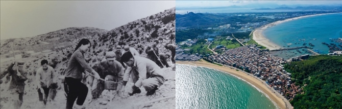 拼版照片：左圖為東山縣群眾在荒山上種植樹苗（資料照片）；右圖為2020年6月18日拍攝的東山縣陳城鎮(zhèn)澳角村附近風(fēng)光（無人機(jī)照片，新華社記者 姜克紅 攝）。