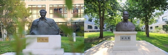 △左圖為中央黨校（國(guó)家行政學(xué)院）校園內(nèi)的焦裕祿雕塑，右圖為校園內(nèi)的谷文昌雕塑。