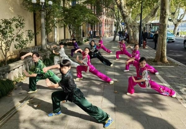 杭州市陳經(jīng)綸體校武術(shù)隊(duì)學(xué)生們展示中華武術(shù)。 人民網(wǎng)記者 楊磊攝