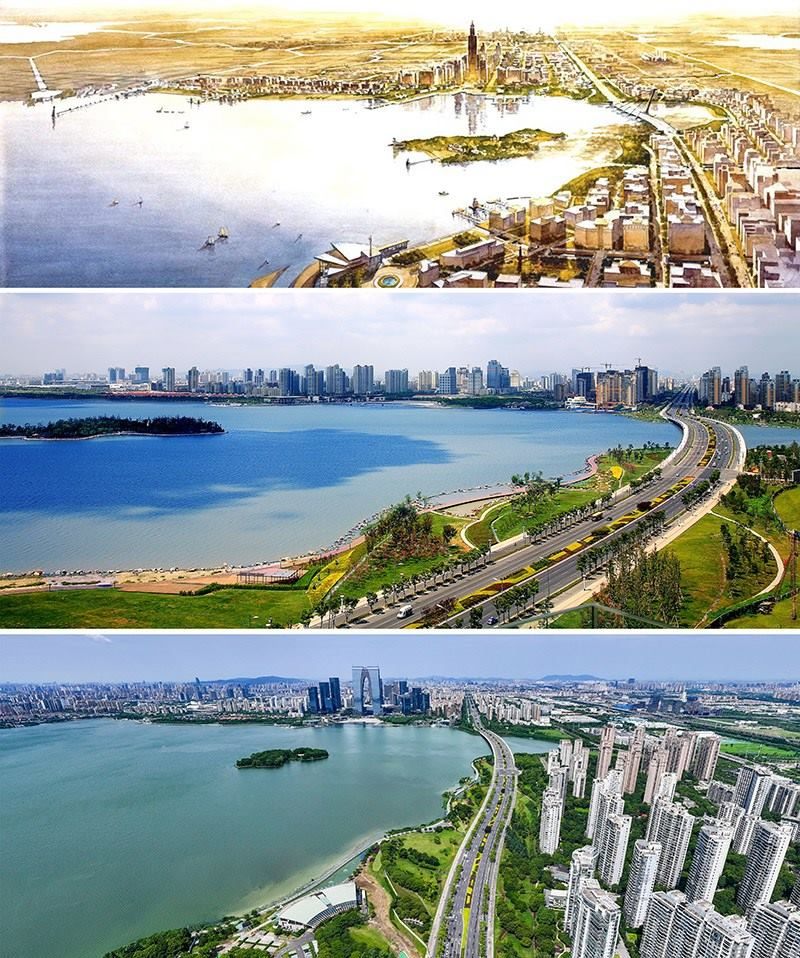 拼版照片：上圖為1994年繪制的蘇州工業(yè)園區(qū)手繪規(guī)劃圖；中圖為2007年拍攝的蘇州工業(yè)園區(qū)；下圖為2023年7月4日用無人機(jī)拍攝的蘇州工業(yè)園區(qū)。