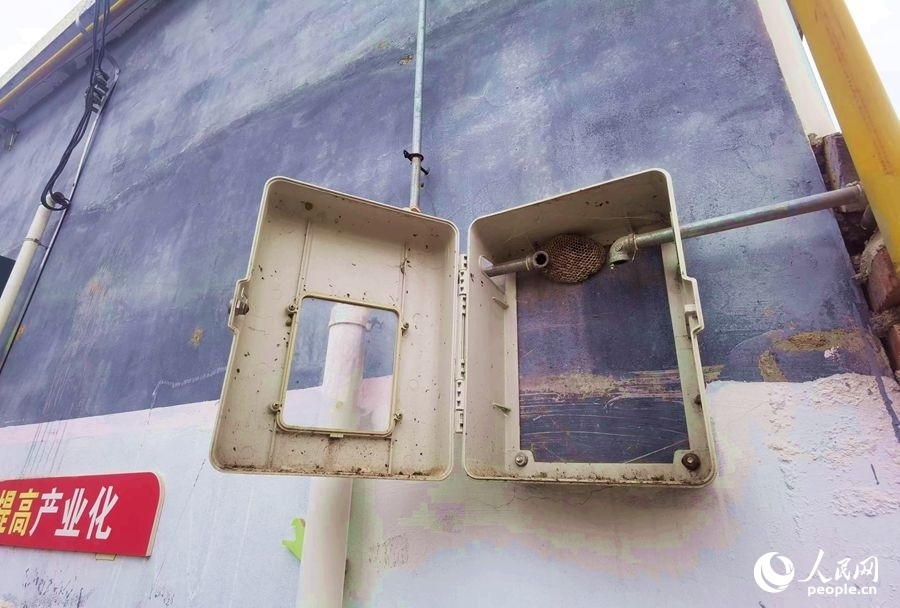 在玉山村的一處未安裝燃氣表的表箱內(nèi)，掛著一個馬蜂窩。人民網(wǎng)記者 慎志遠攝