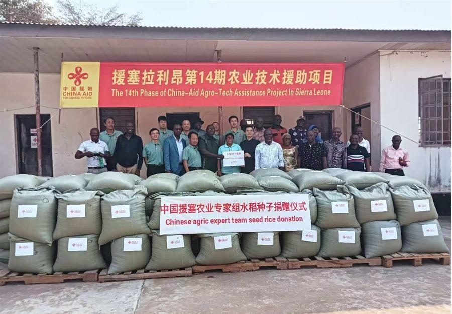 中國(guó)援塞拉利昂農(nóng)業(yè)專(zhuān)家組在塞南方省博城舉辦水稻種子捐贈(zèng)儀式。中國(guó)援塞農(nóng)業(yè)專(zhuān)家組供圖