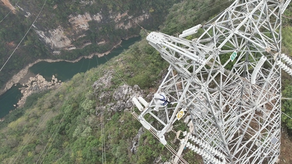 羅統(tǒng)在魯馬Ⅰ線1號塔上進行帶電作業(yè)。受訪者供圖