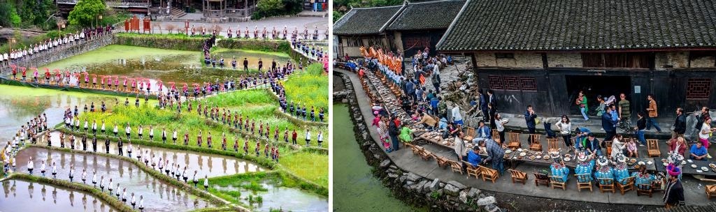 左圖：近期，人們在黎平縣肇興侗寨的田園里演唱侗族大歌（黎平縣委宣傳部供圖）；右圖：這是2023年拍攝的十八洞村長桌宴（湘西州委宣傳部供圖）。