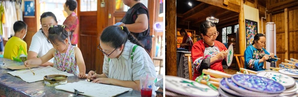 左圖：近期，游客在黎平縣肇興侗寨體驗非遺蠟染藝術(shù)（黎平縣委宣傳部供圖）；右圖：這是2024年拍攝的繡娘在十八洞村梨子寨苗繡鄉(xiāng)村振興示范基地制作苗繡產(chǎn)品（湘西州委宣傳部供圖）。