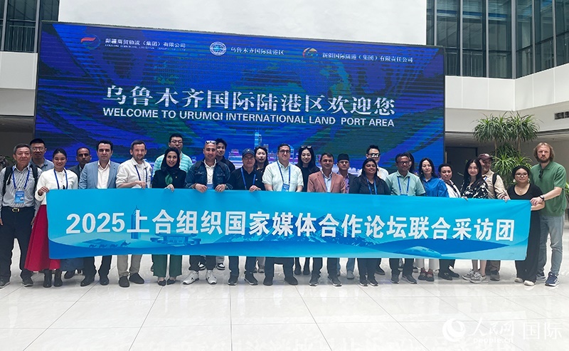 5月26日，外國媒體人在烏魯木齊國際陸港區(qū)合影留念。 人民網記者 翟轉麗攝