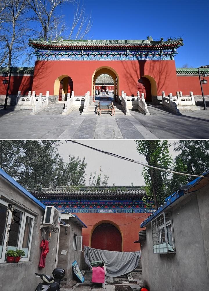 位于先農(nóng)壇內(nèi)的慶成宮，曾長時間被雜亂的民居占據(jù)。在北京中軸線申遺保護工作的帶動下，北京完成了慶成宮區(qū)域文物征收騰退、非文物建筑拆除、彩畫保護、本體修繕、展覽布陳等，讓560多年歷史的古建群重新回歸。2024年12月，北京中軸線上先農(nóng)壇內(nèi)的慶成宮首次面向社會公眾開放。上圖為騰退修繕后的慶成宮內(nèi)宮門（資料照片）；下圖為翻拍的慶成宮內(nèi)宮門騰退修繕前的資料照片（2024年12月21日攝）。